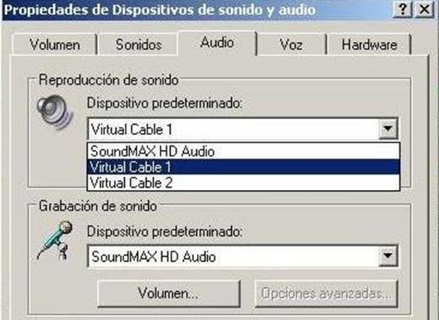 Eligiendo Virtual Cable 1 como dispositivo predeterminado de reproducción en las propiedades de dispositivos de sonido y audio del panel de control de Windows