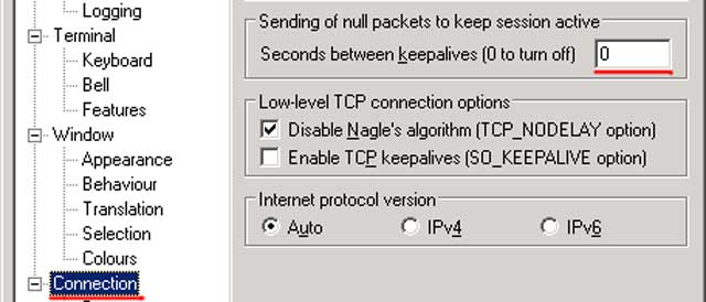 Connections > Seconds between keepalives. Explicándole a PuTTY que no te tiene que desconectar por inactividad. Connections > Seconds between keepalives. Explicándole a PuTTY que no te tiene que desconectar por inactividad.