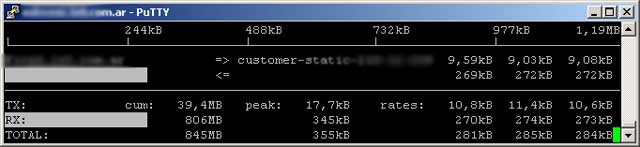 iftop midiendo el ancho de banda de un rsync que está corriendo en el host remoto con el ancho de banda limitado a 256 KB