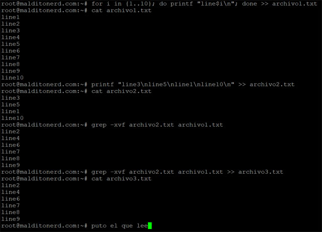 Utilizar grep en Bash para restar el contenido de un archivo de otro linea a linea en la consola de comando de Linux