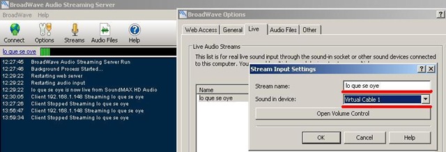 Especificando el Stream para que reproduzca el contenido de Virtual Cable 1 en BroadWave